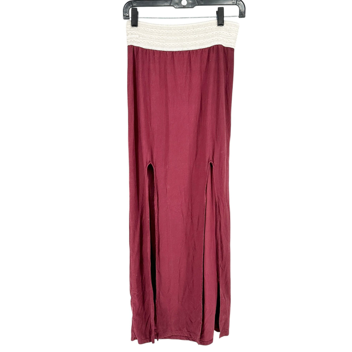 No Boundaries Maxi Skirt Womens S 3-5 Burgundy Smocked Waistband and Front Slits