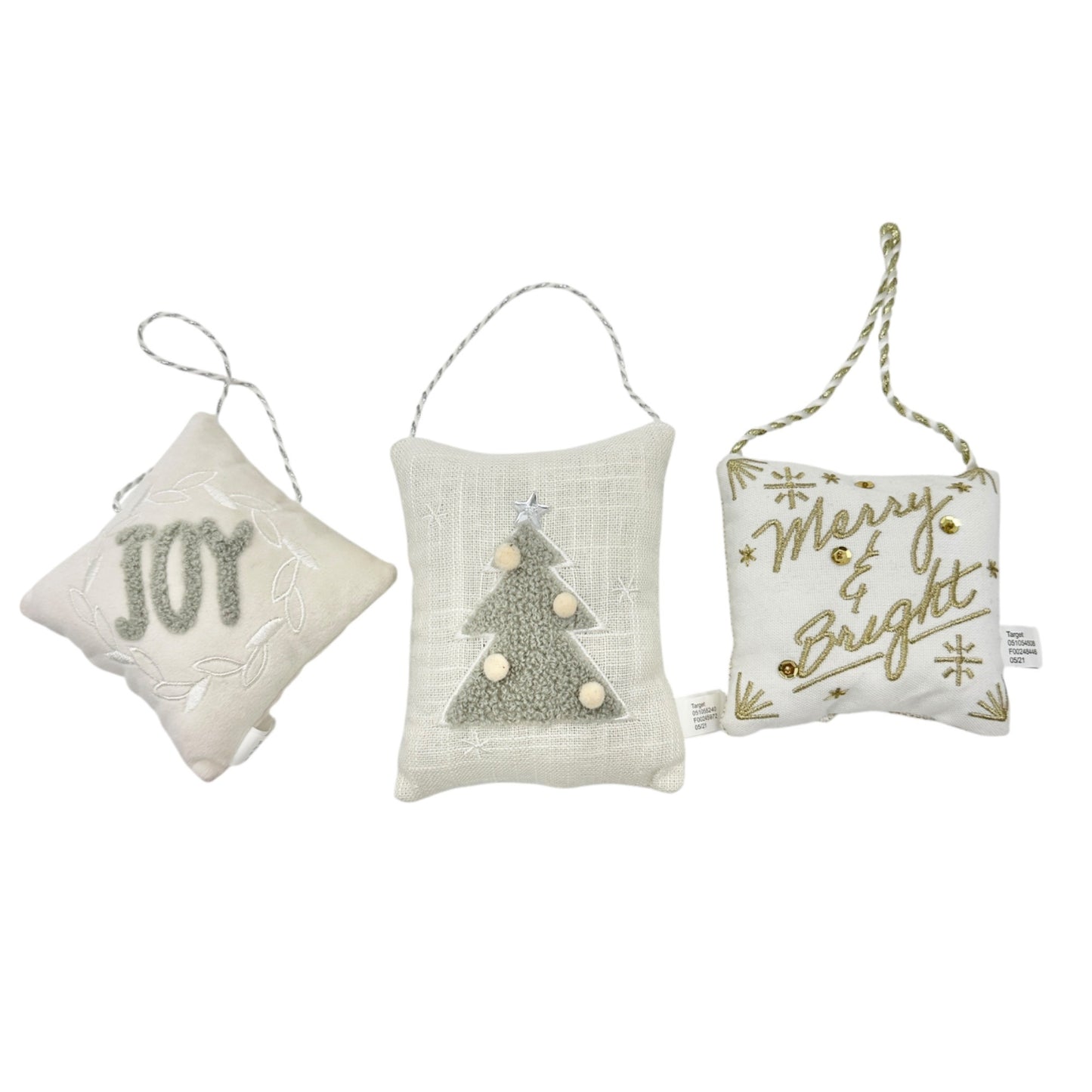 Set Of 3 Christmas Ornament Pillows With Joy Tree Merry Bright Designs White