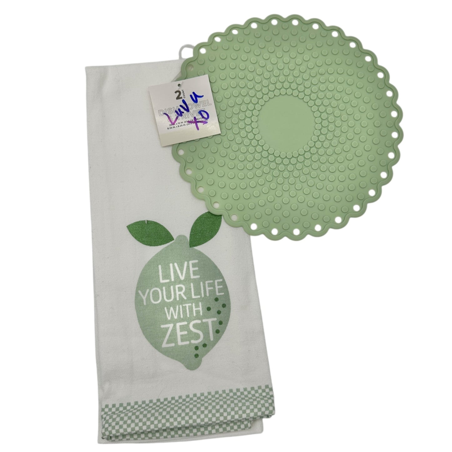 Kitchen Dish Towel and Silicone Trivet Set 2-Piece Green White Cotton Silicone