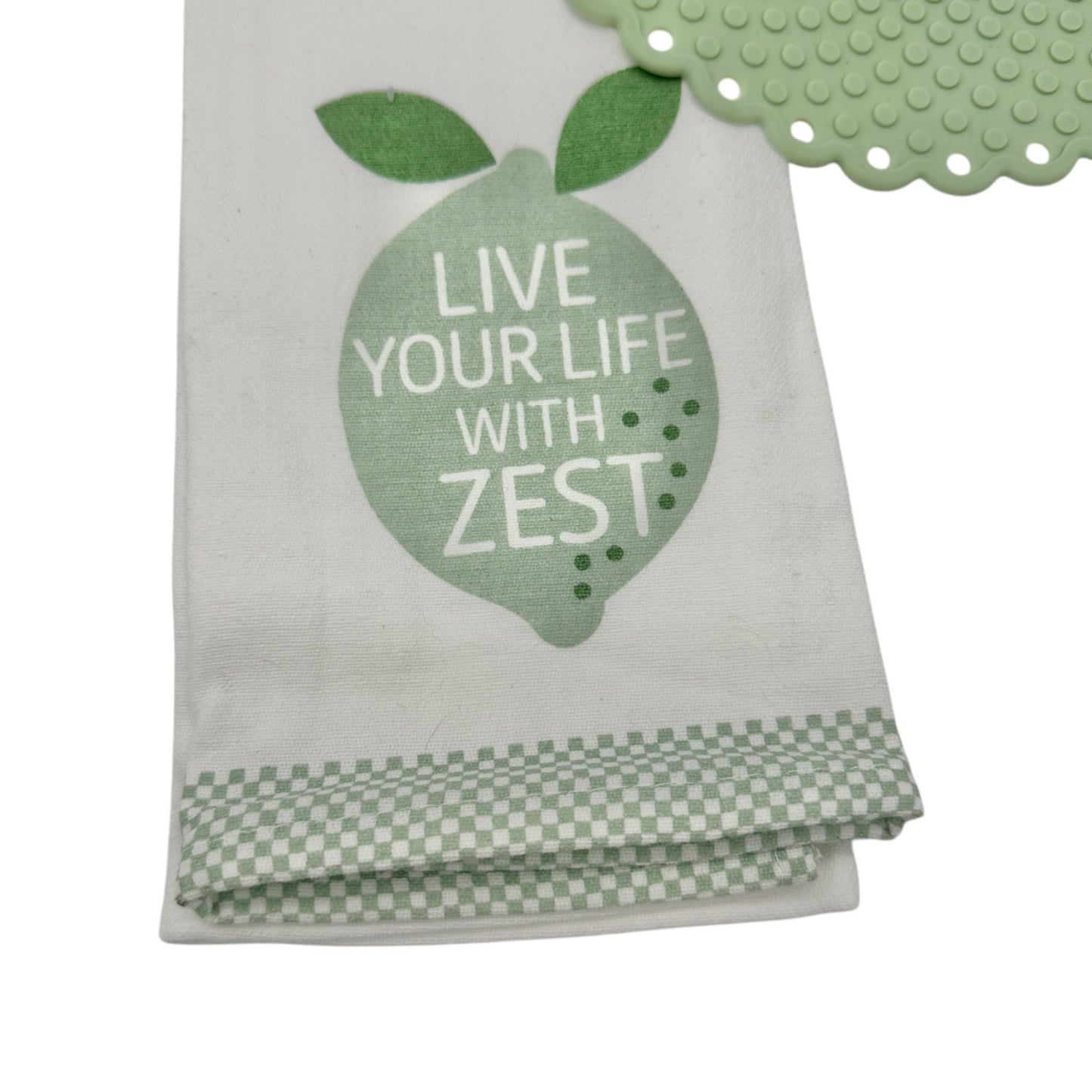 Kitchen Dish Towel and Silicone Trivet Set 2-Piece Green White Cotton Silicone