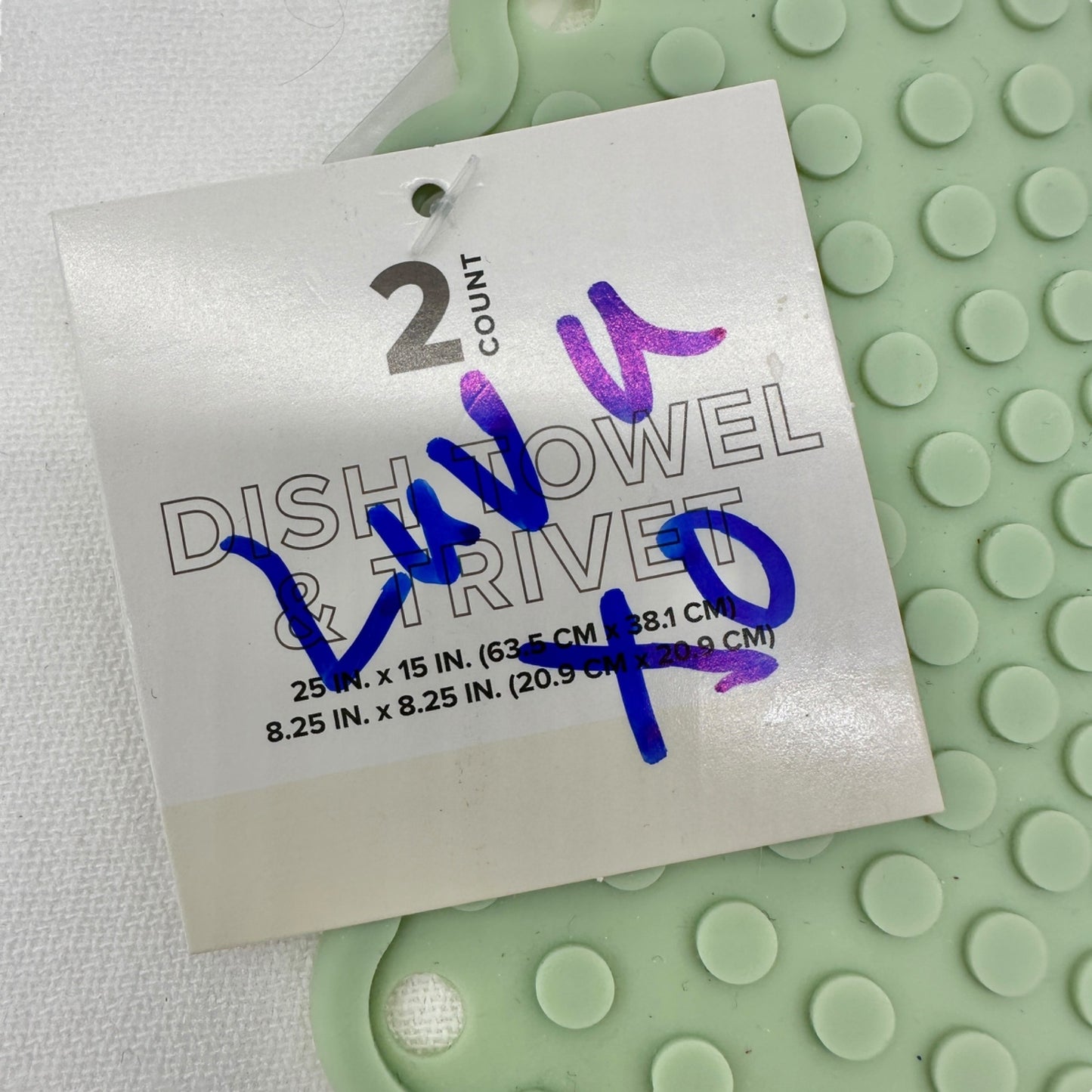 Kitchen Dish Towel and Silicone Trivet Set 2-Piece Green White Cotton Silicone