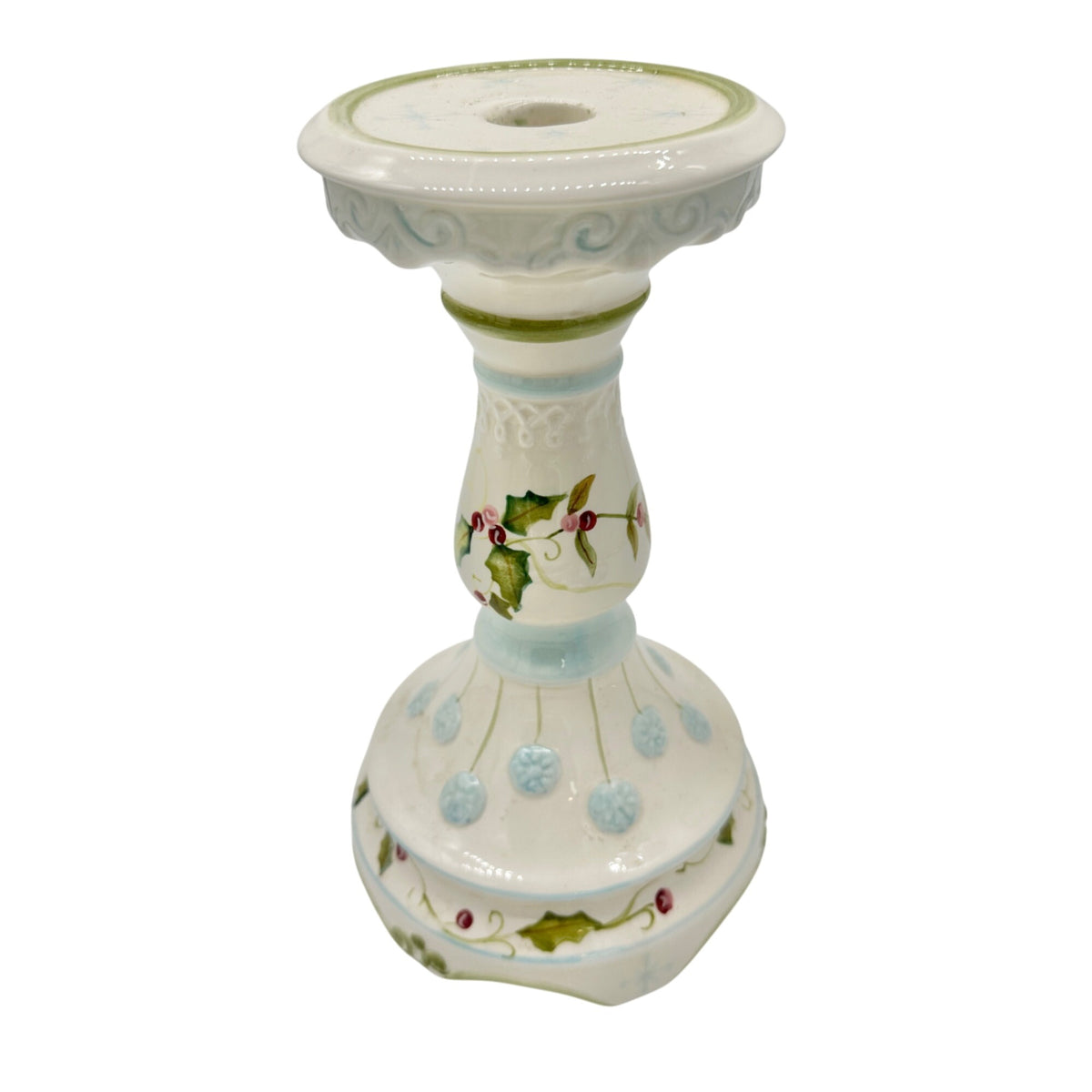 Tracy Porter Hand Painted Holiday Candle Holder Holly and Snowflake 9 inch Tall
