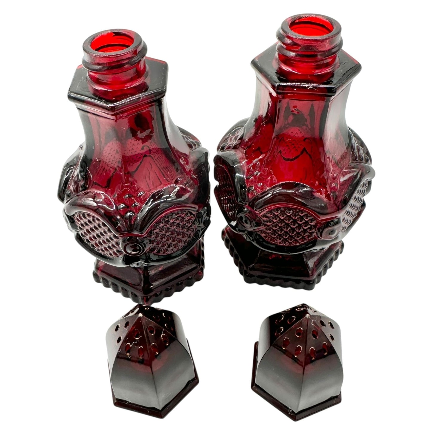 Vintage Avon Charisma Cologne Salt Shakers Set Of 2 Red Glass Hexagon Base