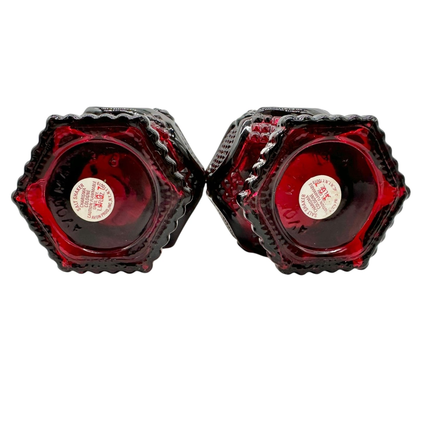 Vintage Avon Charisma Cologne Salt Shakers Set Of 2 Red Glass Hexagon Base
