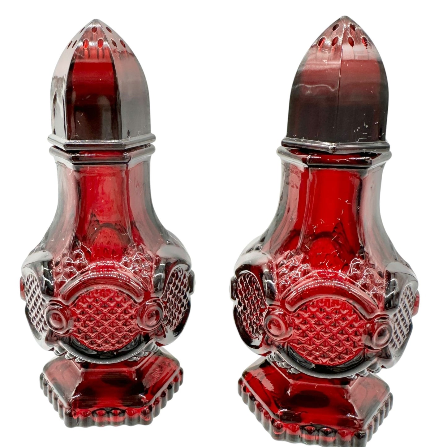 Vintage Avon Charisma Cologne Salt Shakers Set Of 2 Red Glass Hexagon Base