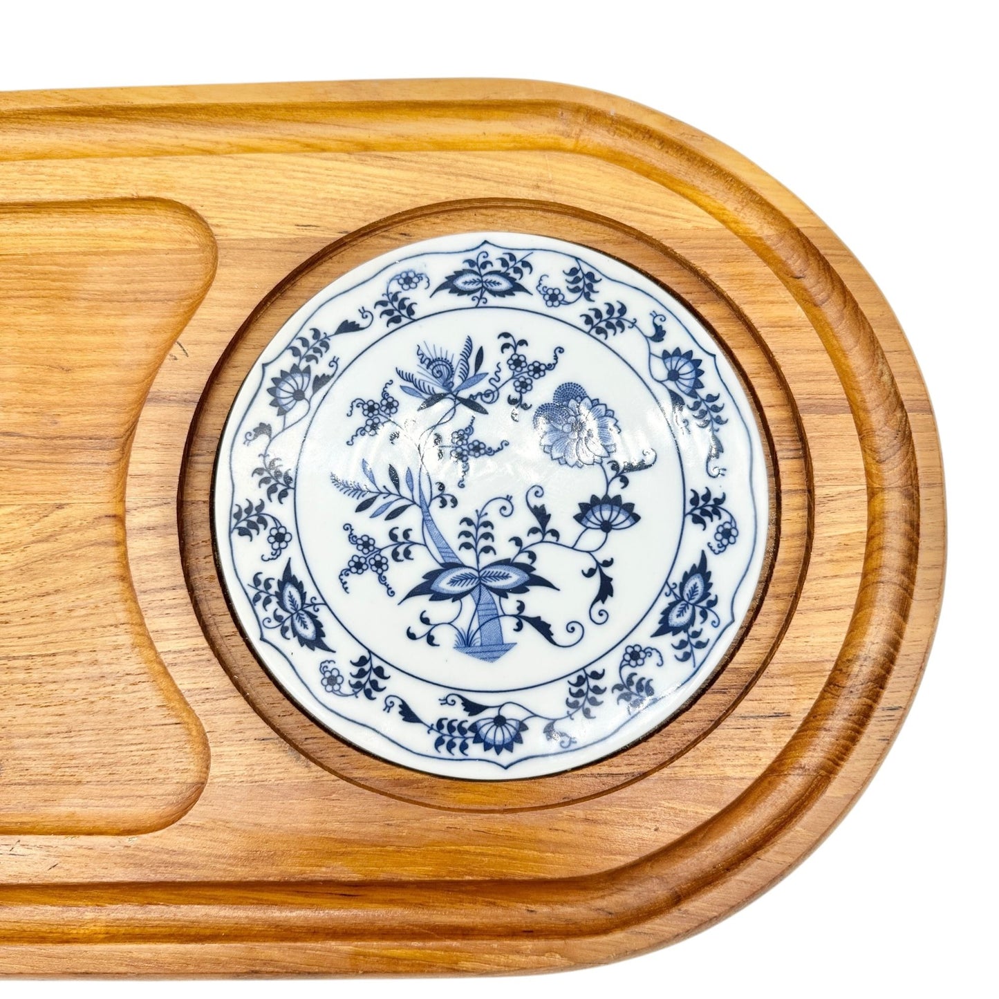 Vintage Dolphin Teakwood Serving Tray Ceramic Plate Insert 17.5" X 10" Thailand