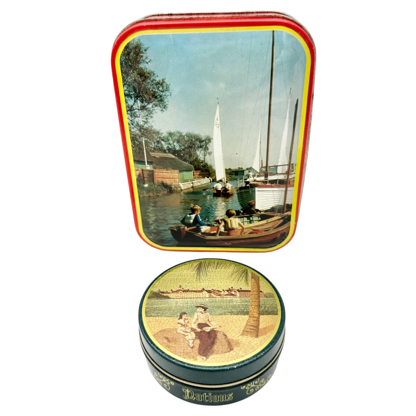Vintage Rileys Toffee and Grand Floridian Notions Tins Beach Sailing Scenes Pair