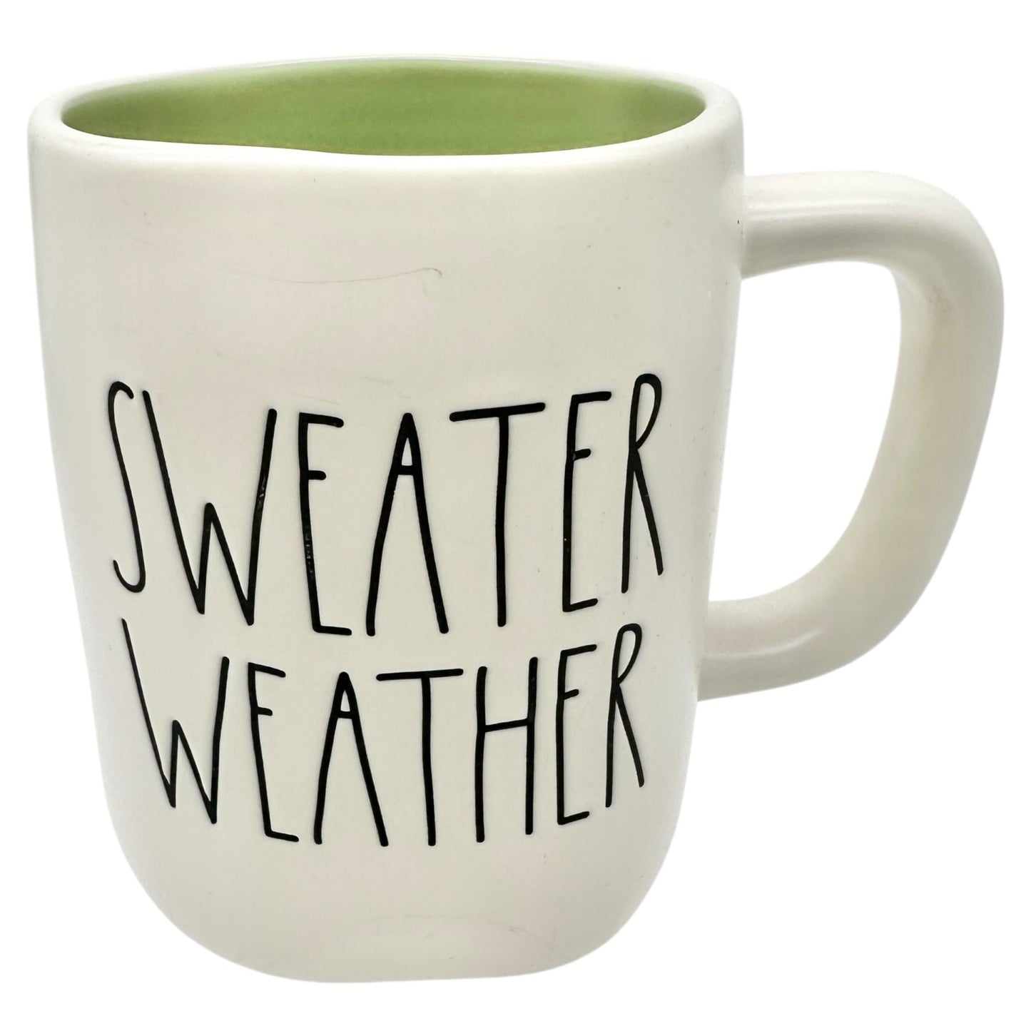 Rae Dunn 20 oz Mug SWEATER WEATHER White Ceramic Black Letters with Green Inside