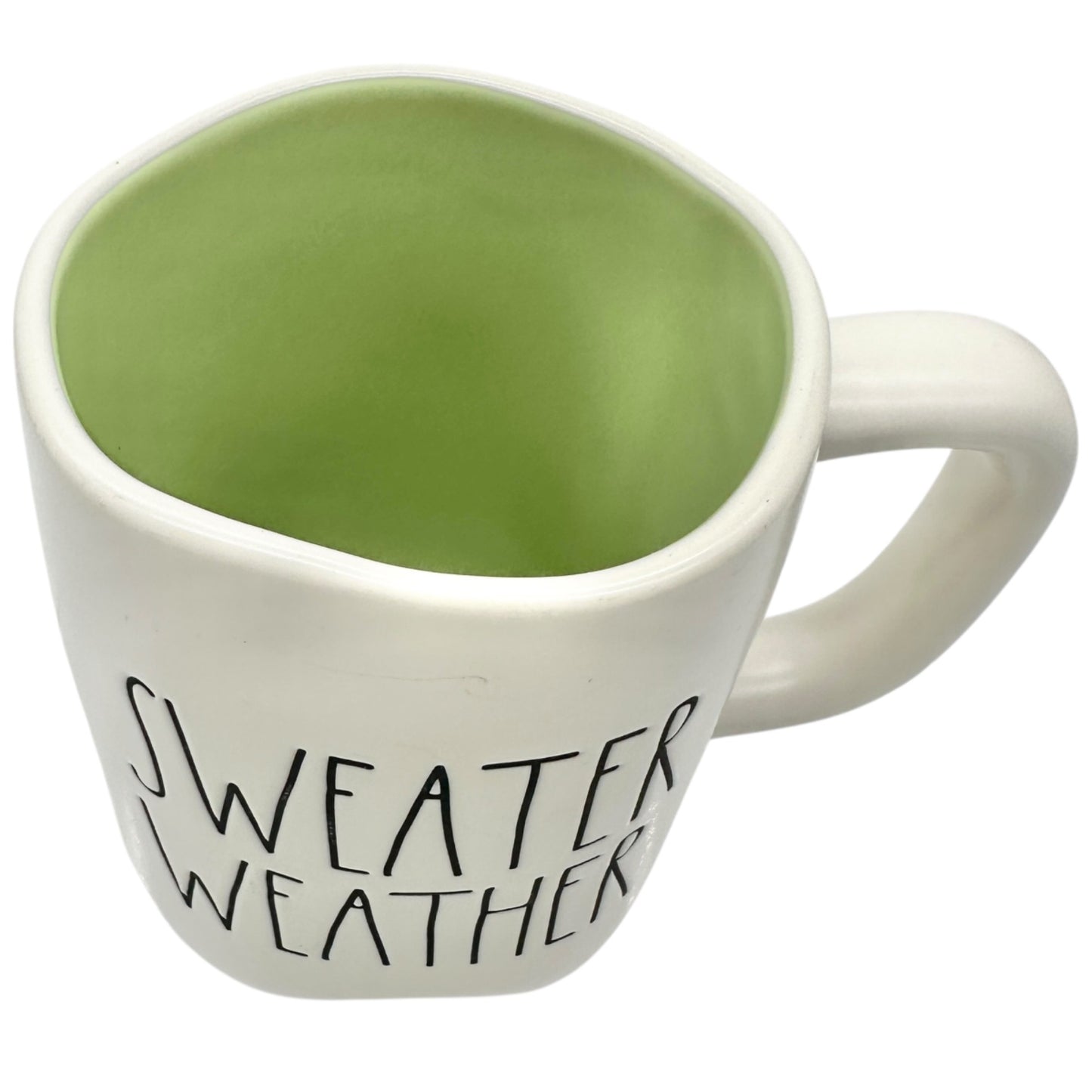 Rae Dunn 20 oz Mug SWEATER WEATHER White Ceramic Black Letters with Green Inside