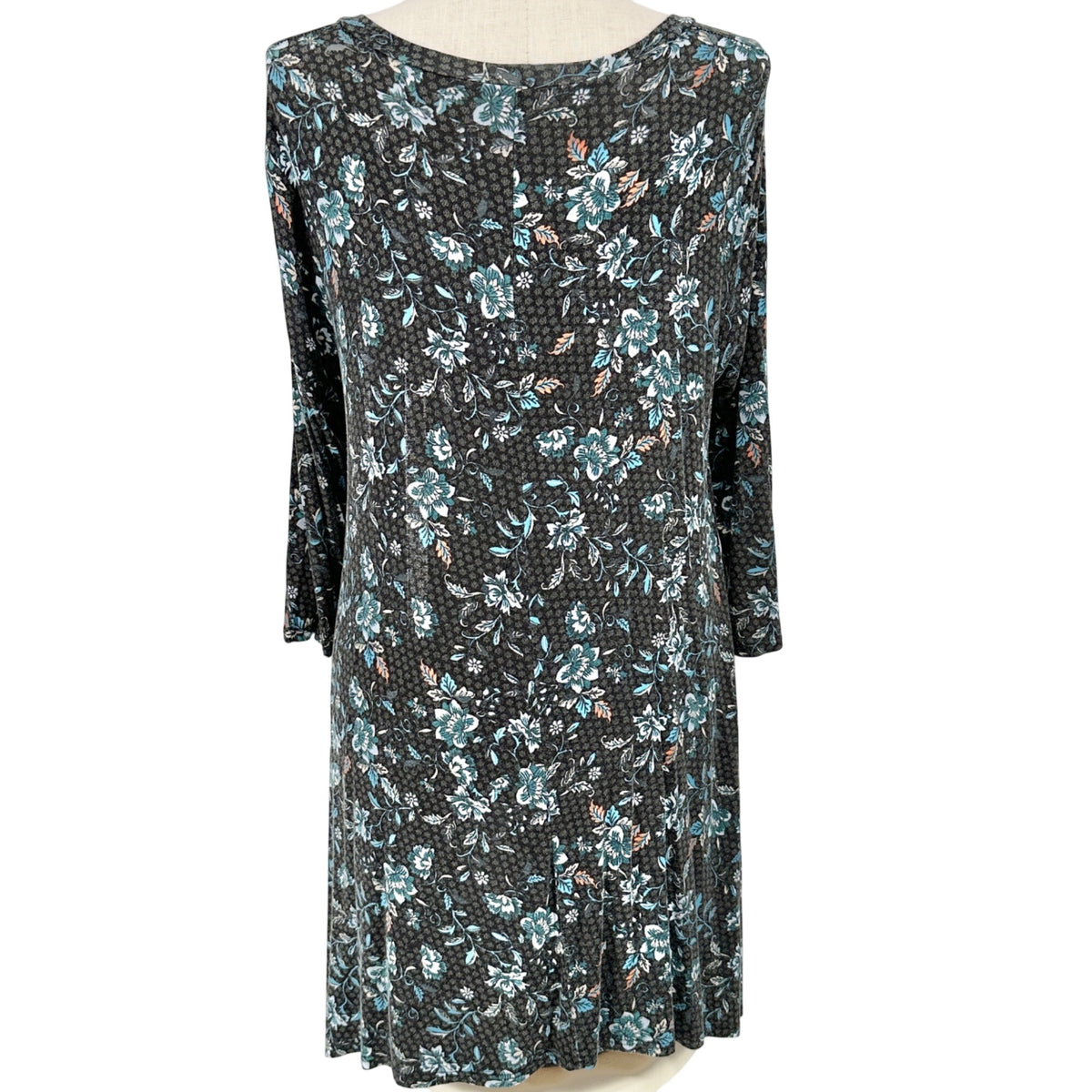 2 Blondes Apparel Womens 2X Floral Print Tunic Top Shark Bite Hem LS Black Teal
