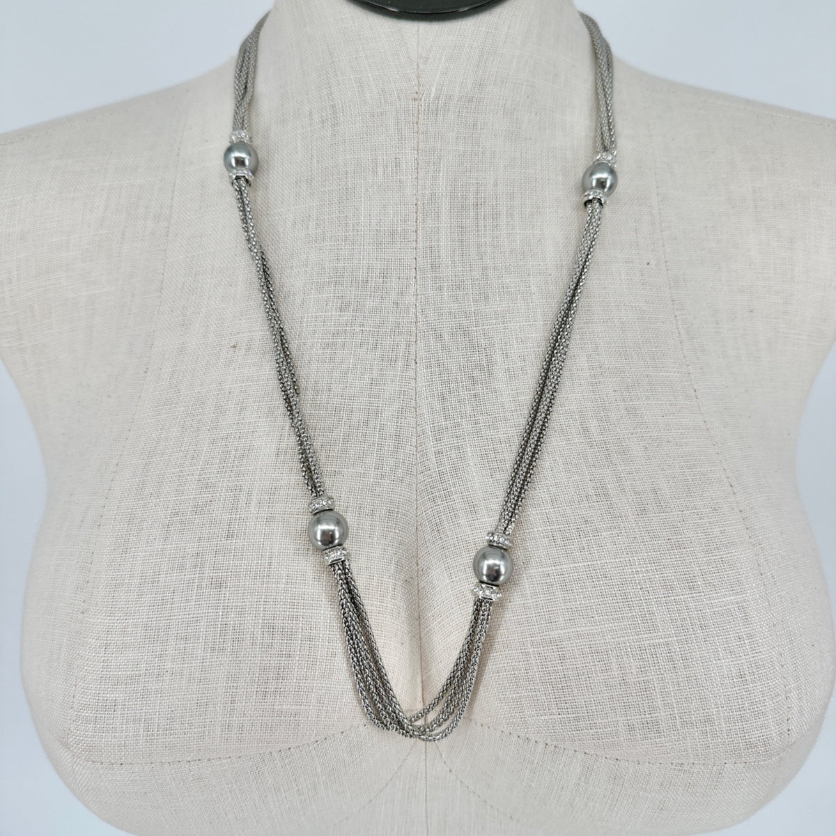 Premier Designs Multi Strand Silvertone Necklace Faux Gray Pearls Rhinestones