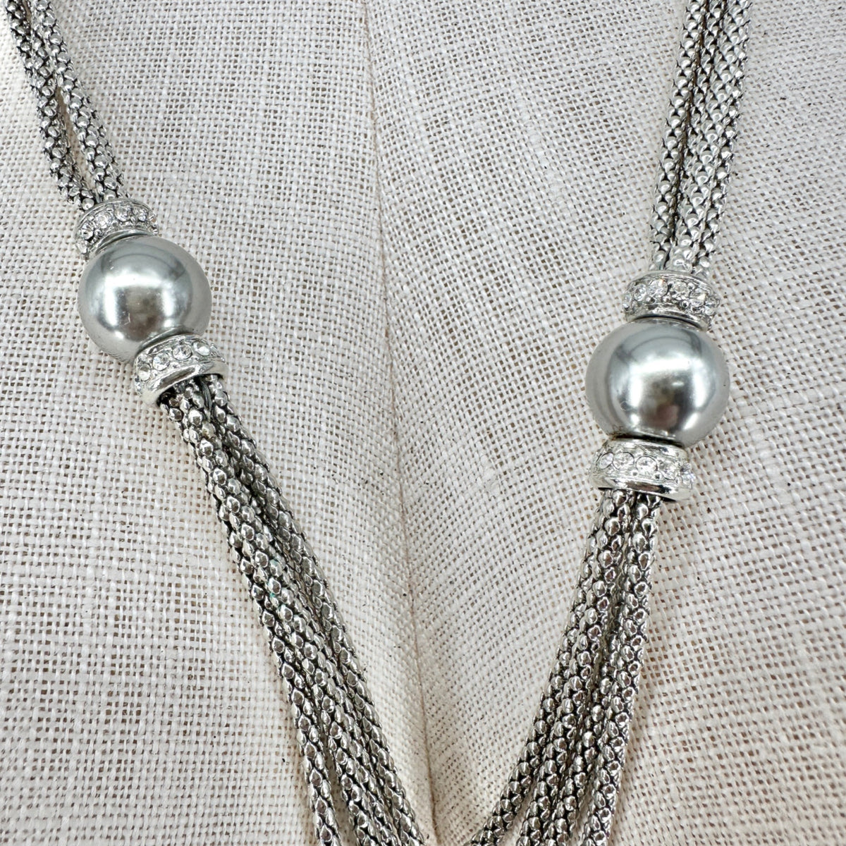 Premier Designs Multi Strand Silvertone Necklace Faux Gray Pearls Rhinestones