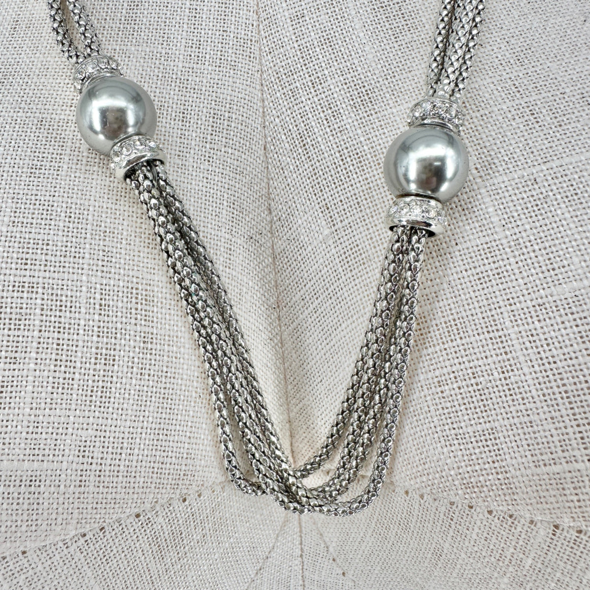 Premier Designs Multi Strand Silvertone Necklace Faux Gray Pearls Rhinestones