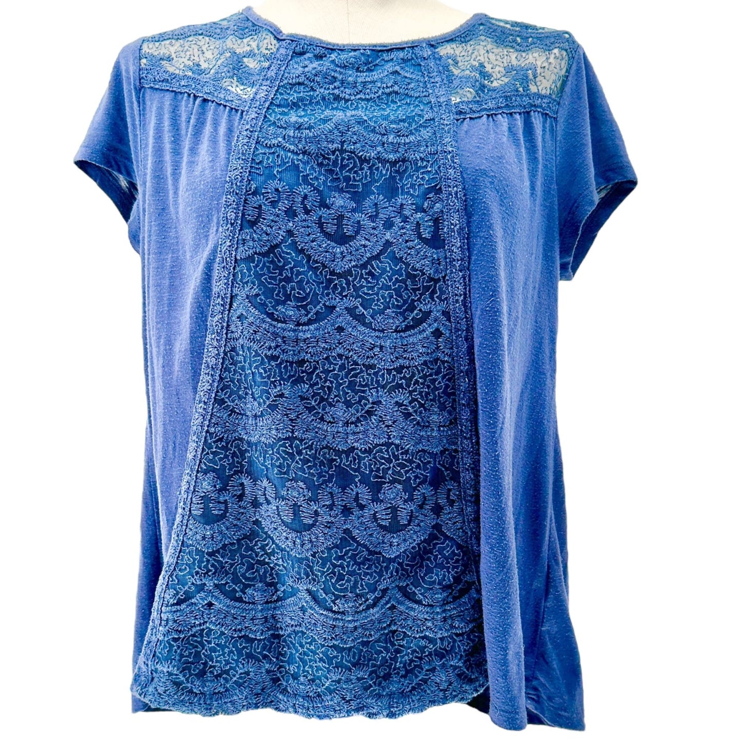 Rewind Blouse Womens L Lace Detailed Blue SS Keyhole Button Back Cotton Blend
