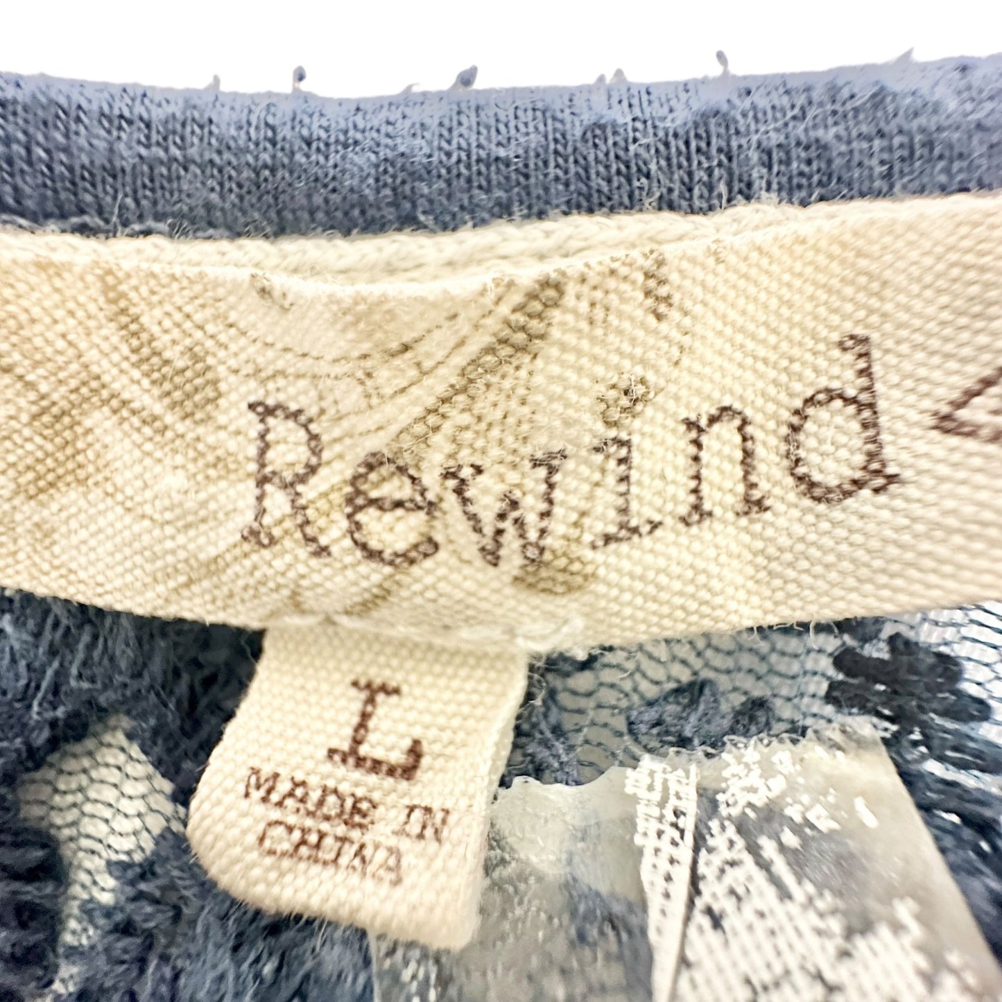 Rewind Blouse Womens L Lace Detailed Blue SS Keyhole Button Back Cotton Blend