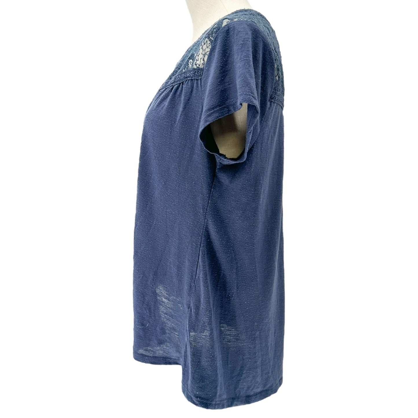 Rewind Blouse Womens L Lace Detailed Blue SS Keyhole Button Back Cotton Blend