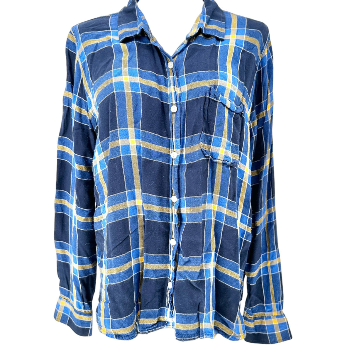 Route 66 Flannel Shirt Womens XL Blue Yellow Plaid Button-Up Long Sleeve Casual