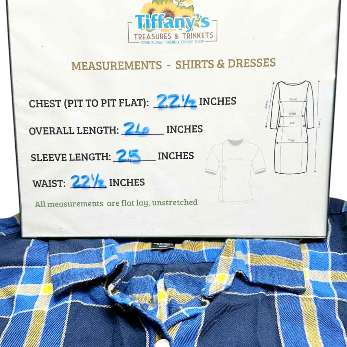 Route 66 Flannel Shirt Womens XL Blue Yellow Plaid Button-Up Long Sleeve Casual