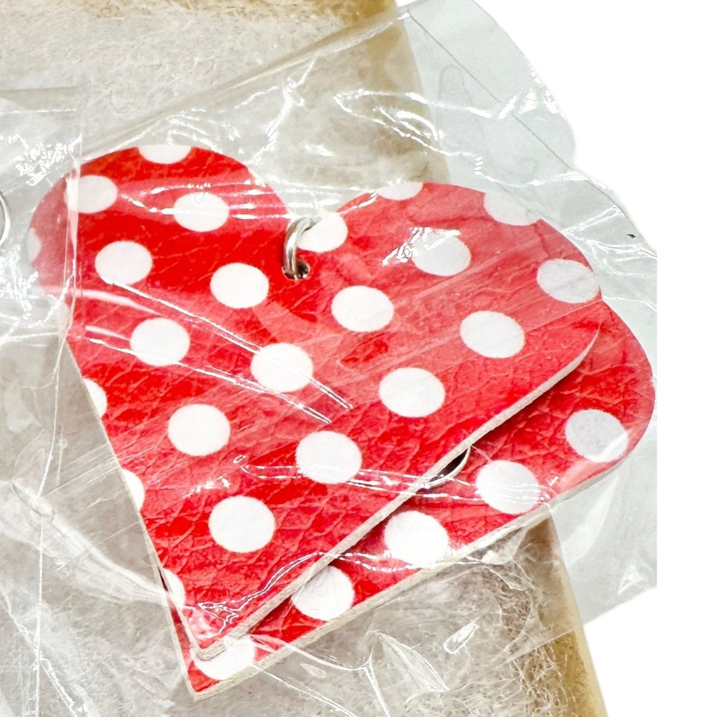 Red Polka Dot Heart Faux Leather Earrings 2.5" Drop Lightweight Valentines Day