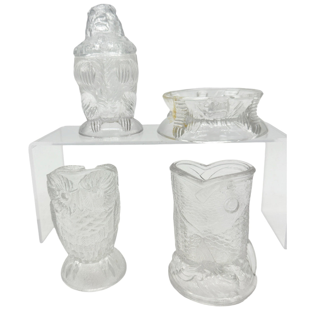Bryce Higbee Co Menagerie Glass Childrens Table Set 1885 Owl Fish Turtle Bear