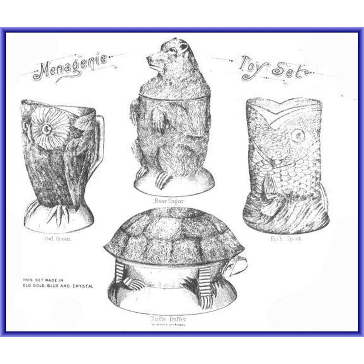 Bryce Higbee Co Menagerie Glass Childrens Table Set 1885 Owl Fish Turtle Bear