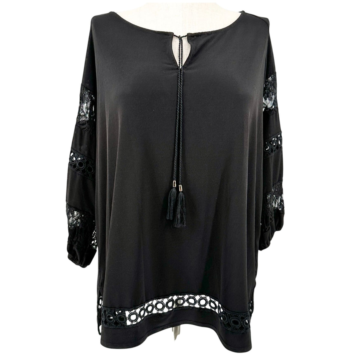 Jones Studio Tunic Top Womens 2X Black Lace Sleeves Accents Tassel Tie Neckline