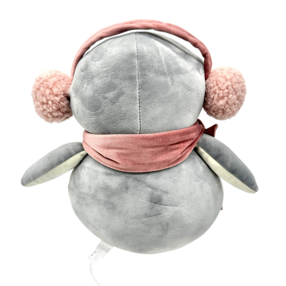 Plush Penguin With Pink Scarf and Earmuffs Gray Winter Stuffed Animal Toy 11"H