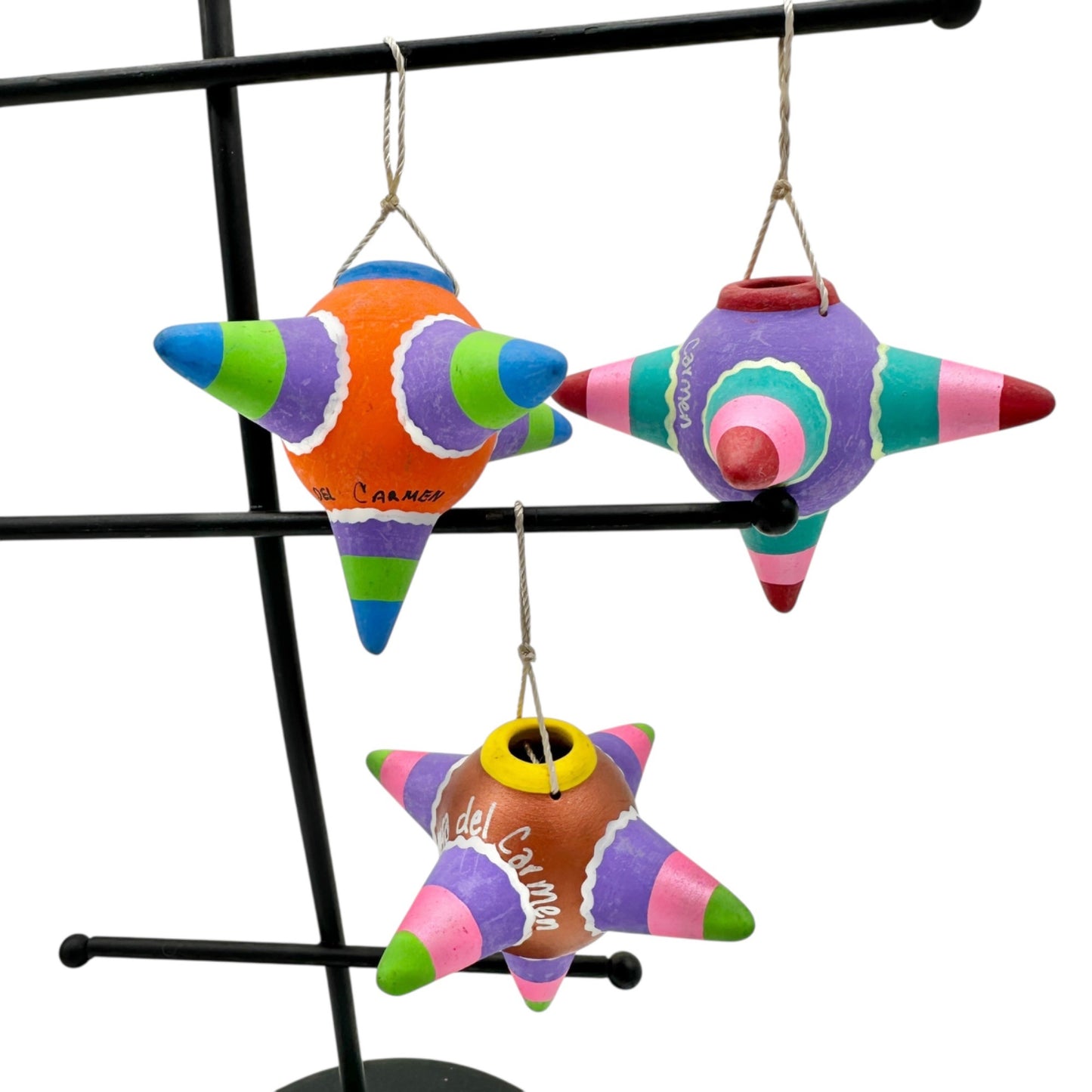 Playa del Carmen Mexican Clay Star Pinata Ornaments Set Of 3 Multicolor 3.5" Dia