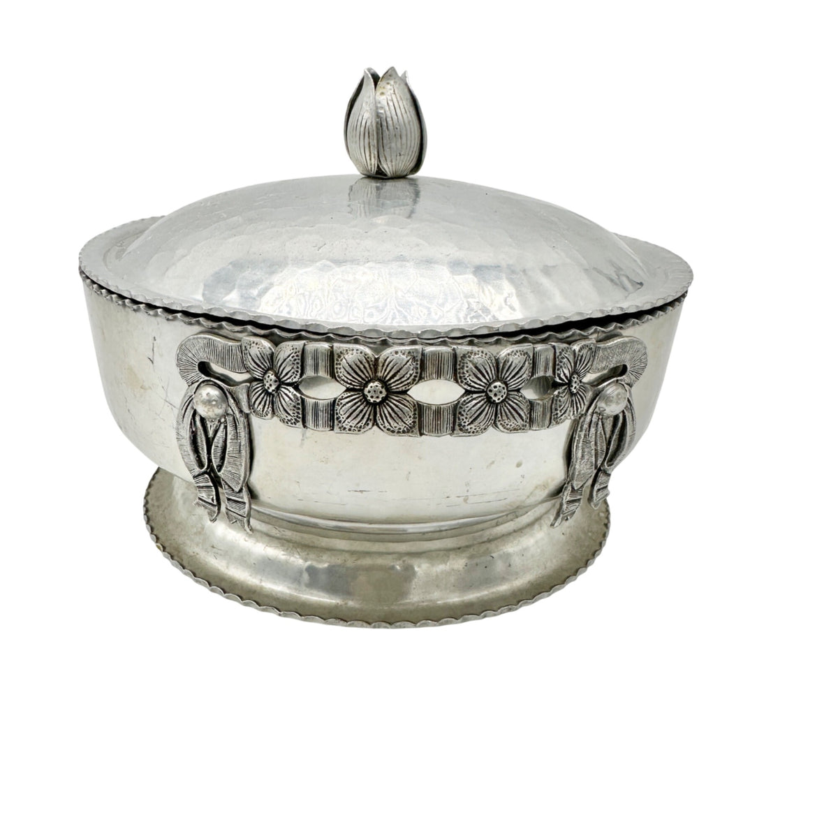 Rodney Kent Silver Co Hand Wrought Aluminum Lidded Serving Dish Floral Design