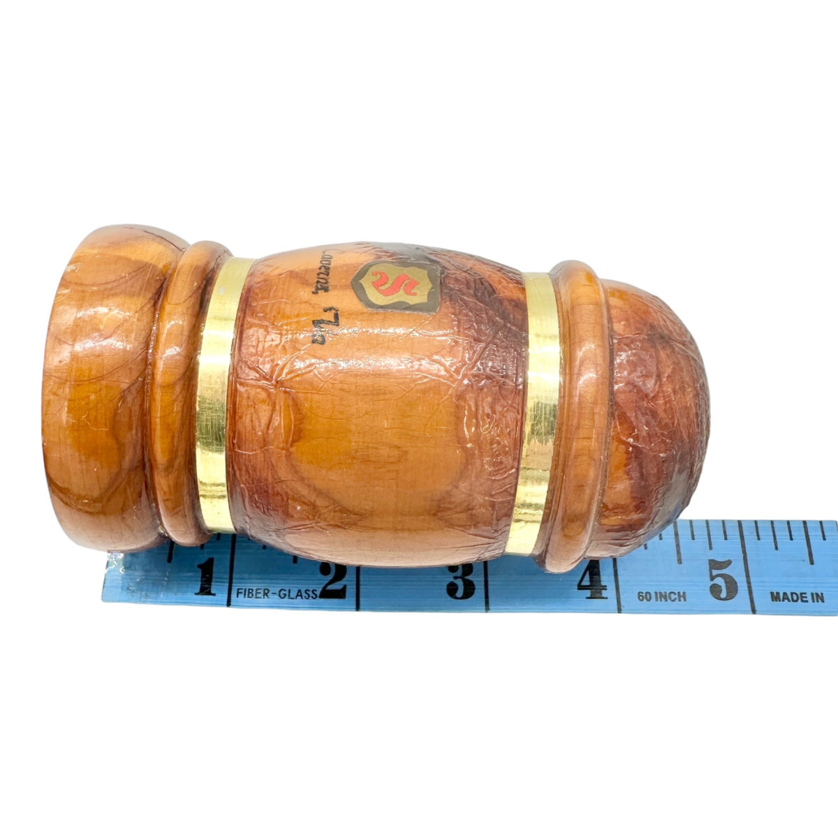 Vtg Luray Caverns Souvenir Wood Salt and Pepper Shakers Barrel Design Gold Trim