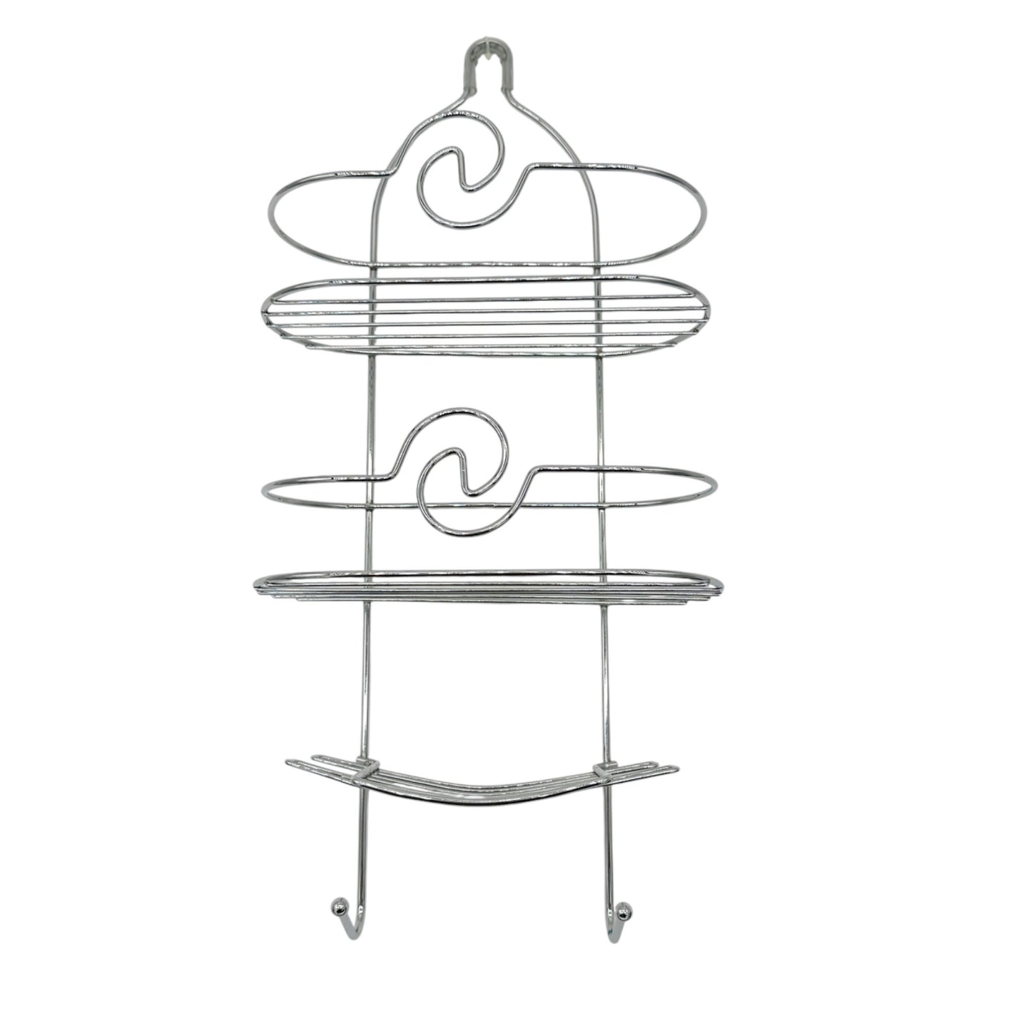 3-Tier Silver Chrome Shower Caddy Hooks & Swirl Design For Bathroom Organization