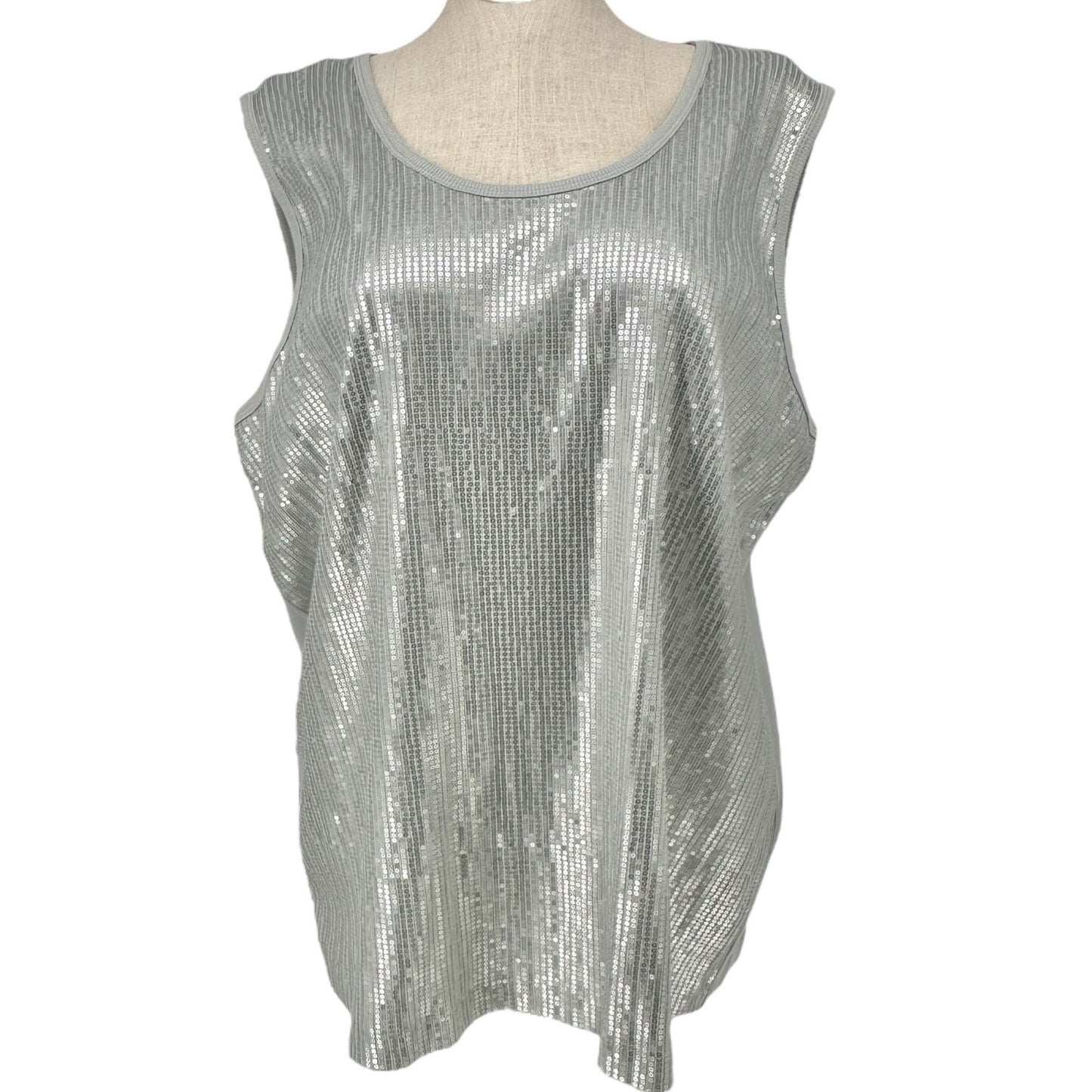 Denim 24/7 Sleeveless Top Womens 3X Silver Sequined Front Cotton/Polyester