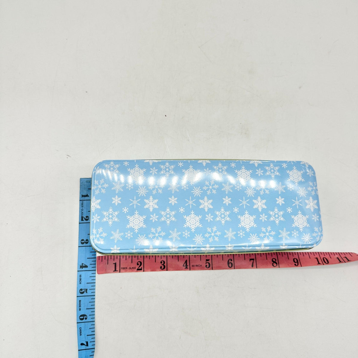 Holiday Gift Tin Blue Snowflakes Rectangular Goodies Gift Giving 9 x 3