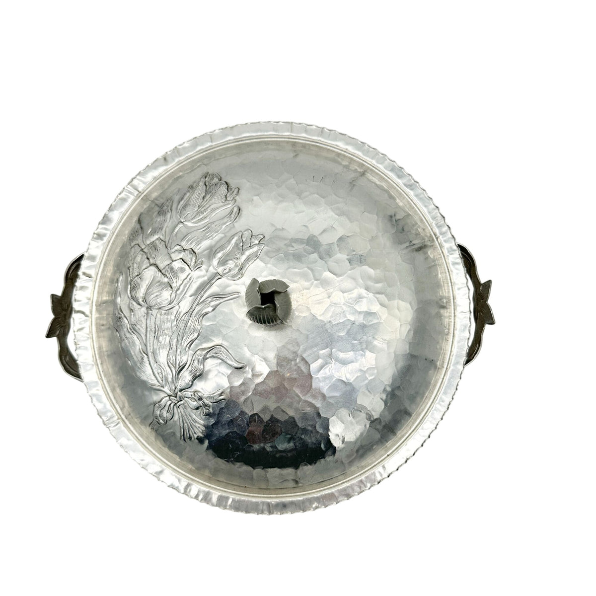 Vintage Covered Dish Hand-Hammered Aluminum Tulip Pattern Lid Handles 8.5 inch