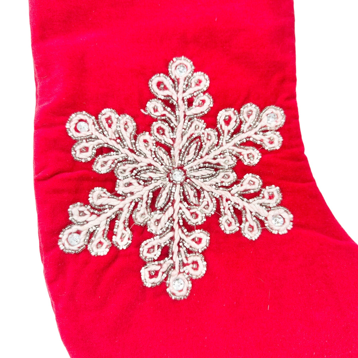 Max Studio Home Christmas Stocking Red Velvet Bead Snowflake Faux Fur White Cuff