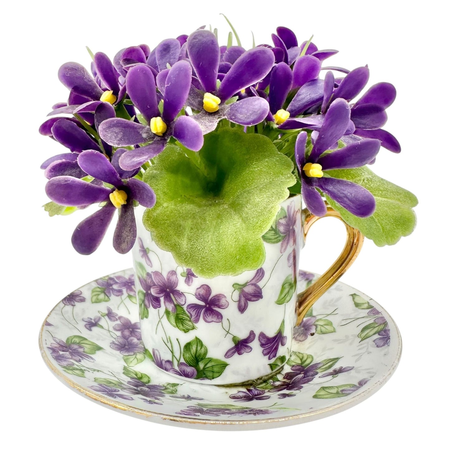Vtg Inarco E-563 Porcelain Violet Floral Cup Saucer Figurine Flowers Gold Accent