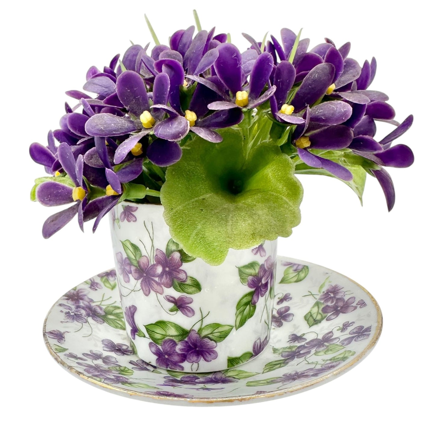 Vtg Inarco E-563 Porcelain Violet Floral Cup Saucer Figurine Flowers Gold Accent