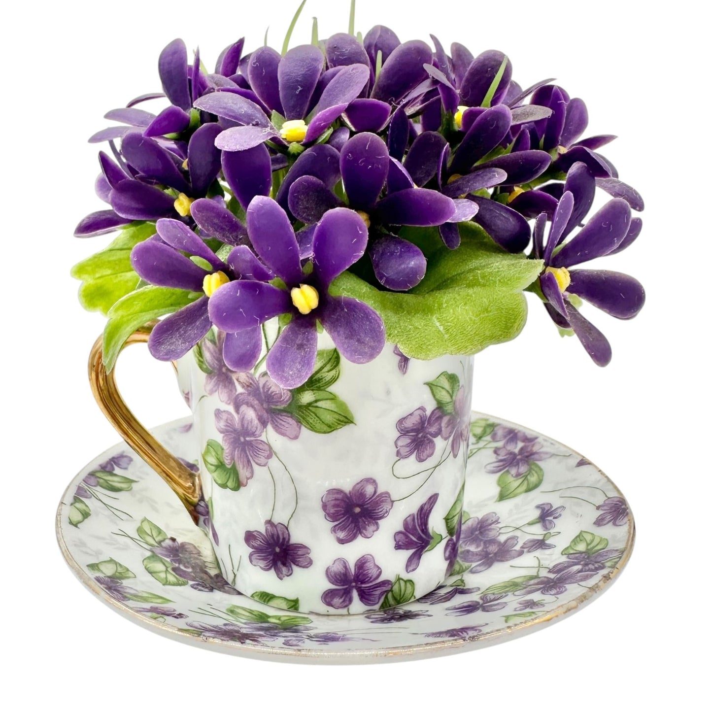 Vtg Inarco E-563 Porcelain Violet Floral Cup Saucer Figurine Flowers Gold Accent