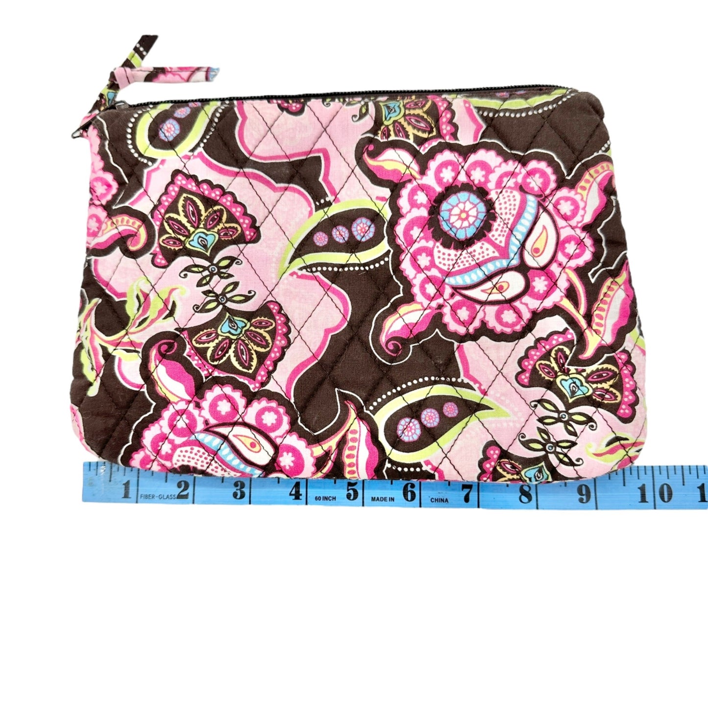 Tanya Lee Quilted Floral Zippered Pouch Make Up Travel Bag Pink Brown 6.5 x 9.5