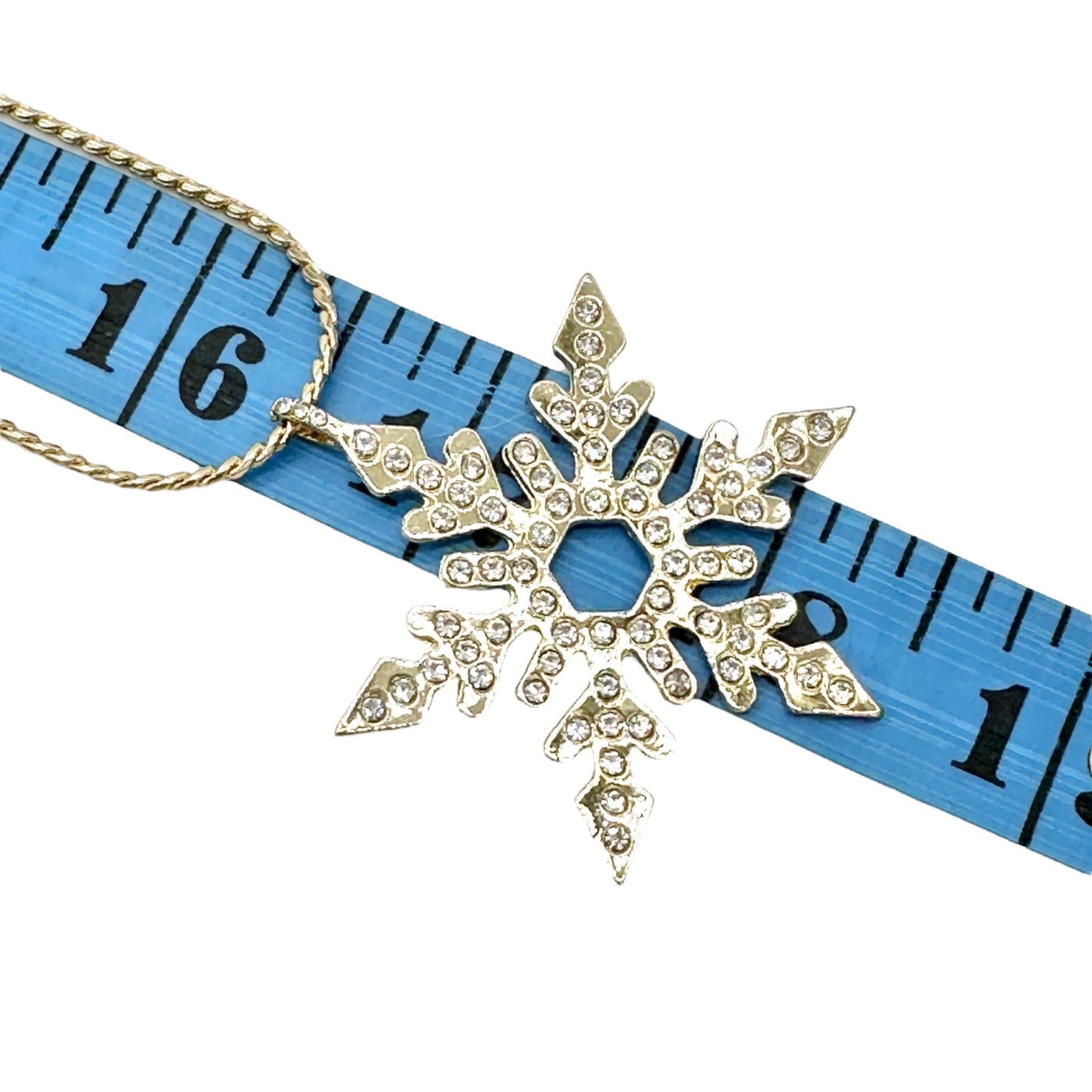 Snowflake Rhinestone Pendant Necklace 32 inches Gold Tone With Adjustable Chain