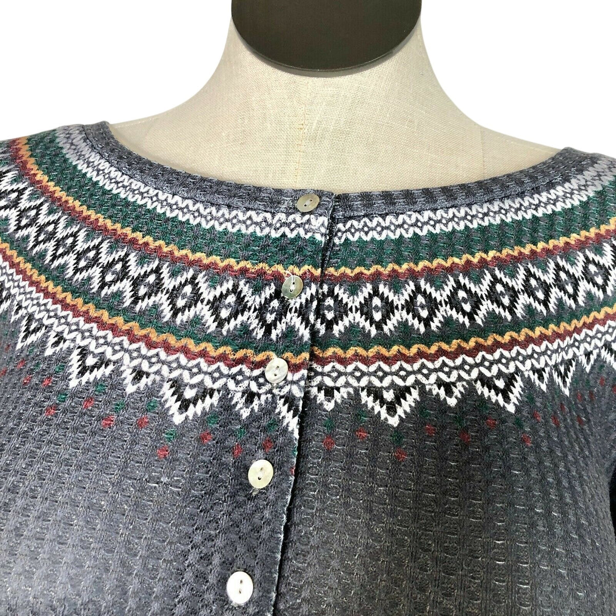 Luukse Womens Nordic Fair Isle Long Sleeve Button Front Top 3X Gray Poly Blend