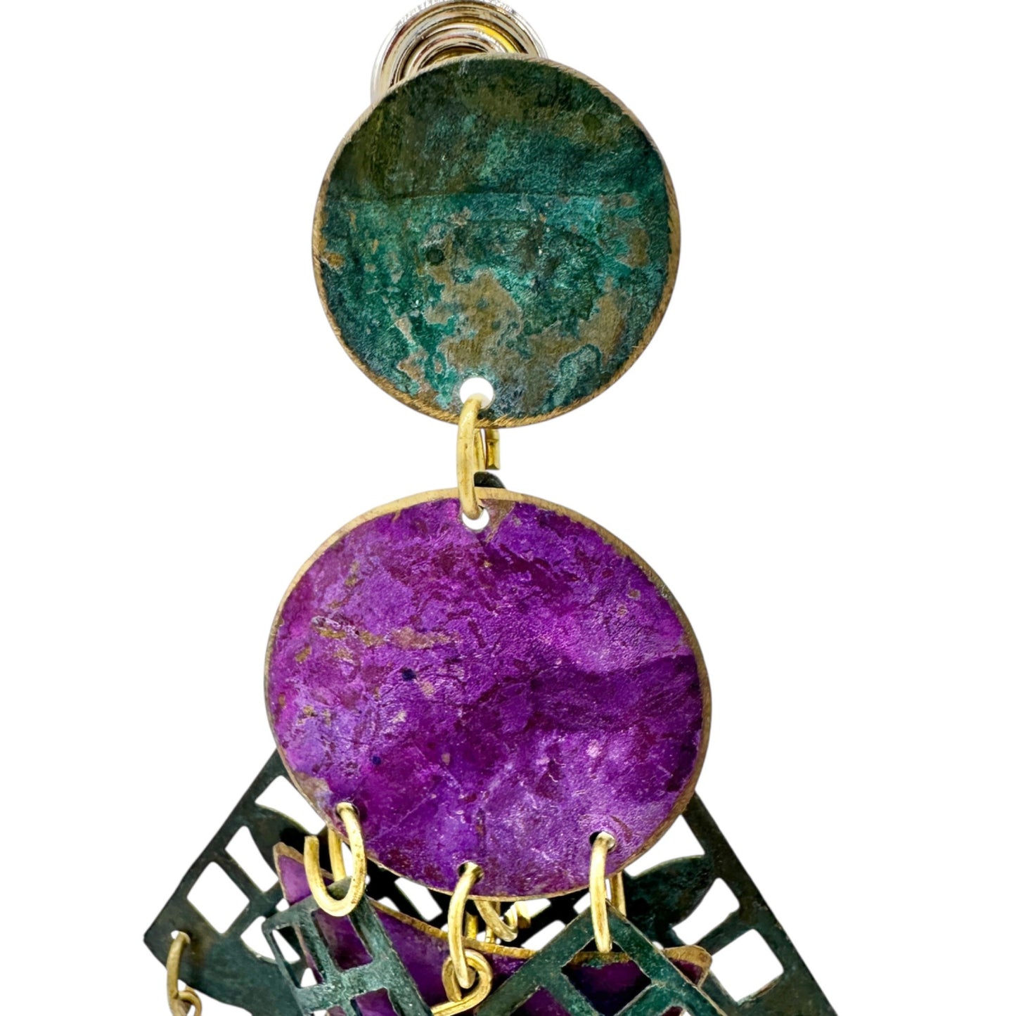 Statement Dangle Earrings Purple Green Geometric Brass Details Gemstone Accents