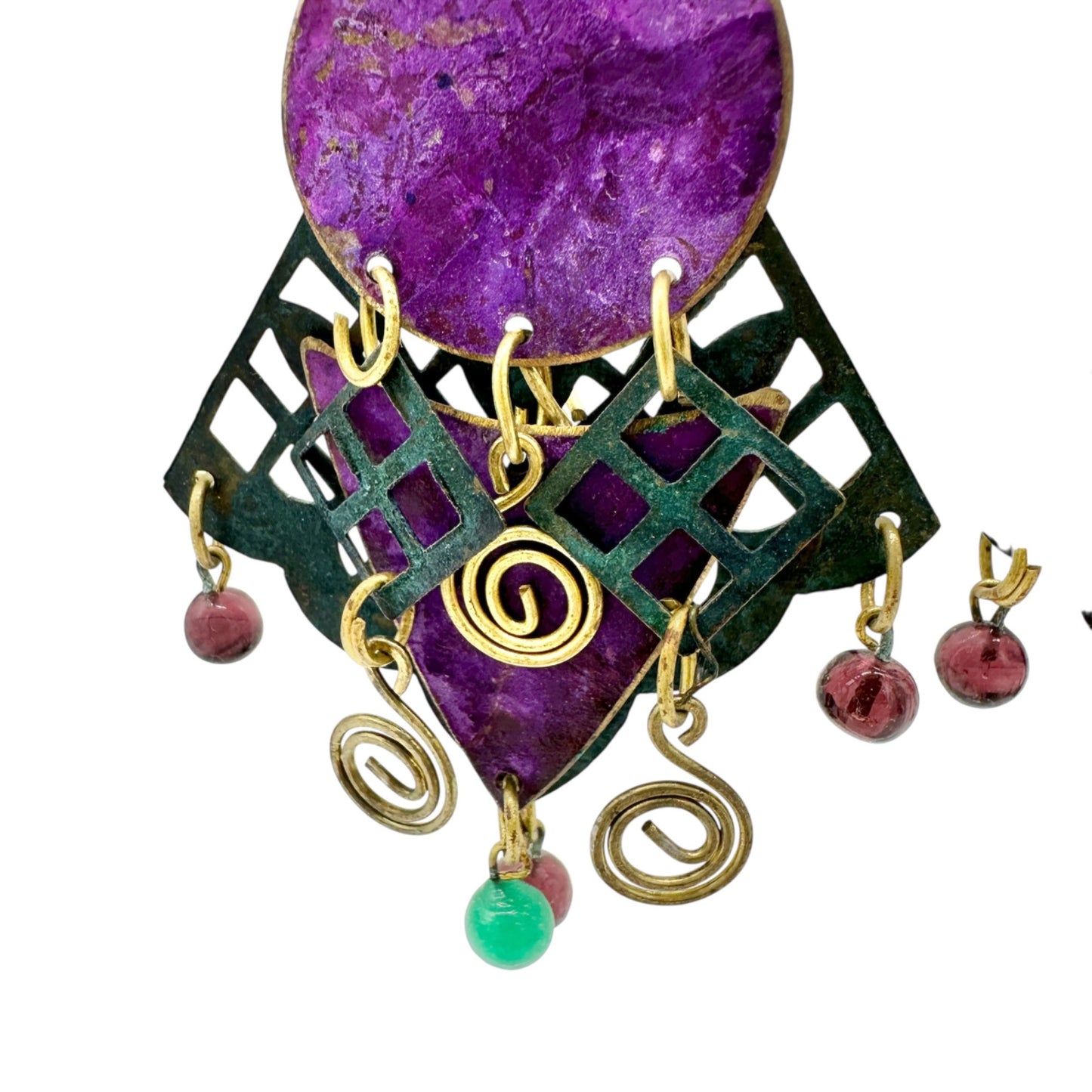 Statement Dangle Earrings Purple Green Geometric Brass Details Gemstone Accents