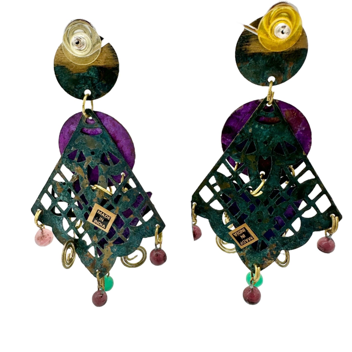 Statement Dangle Earrings Purple Green Geometric Brass Details Gemstone Accents