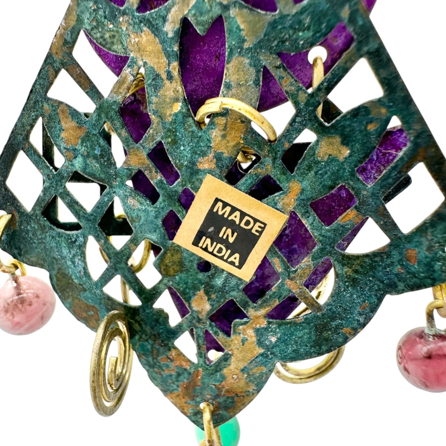 Statement Dangle Earrings Purple Green Geometric Brass Details Gemstone Accents