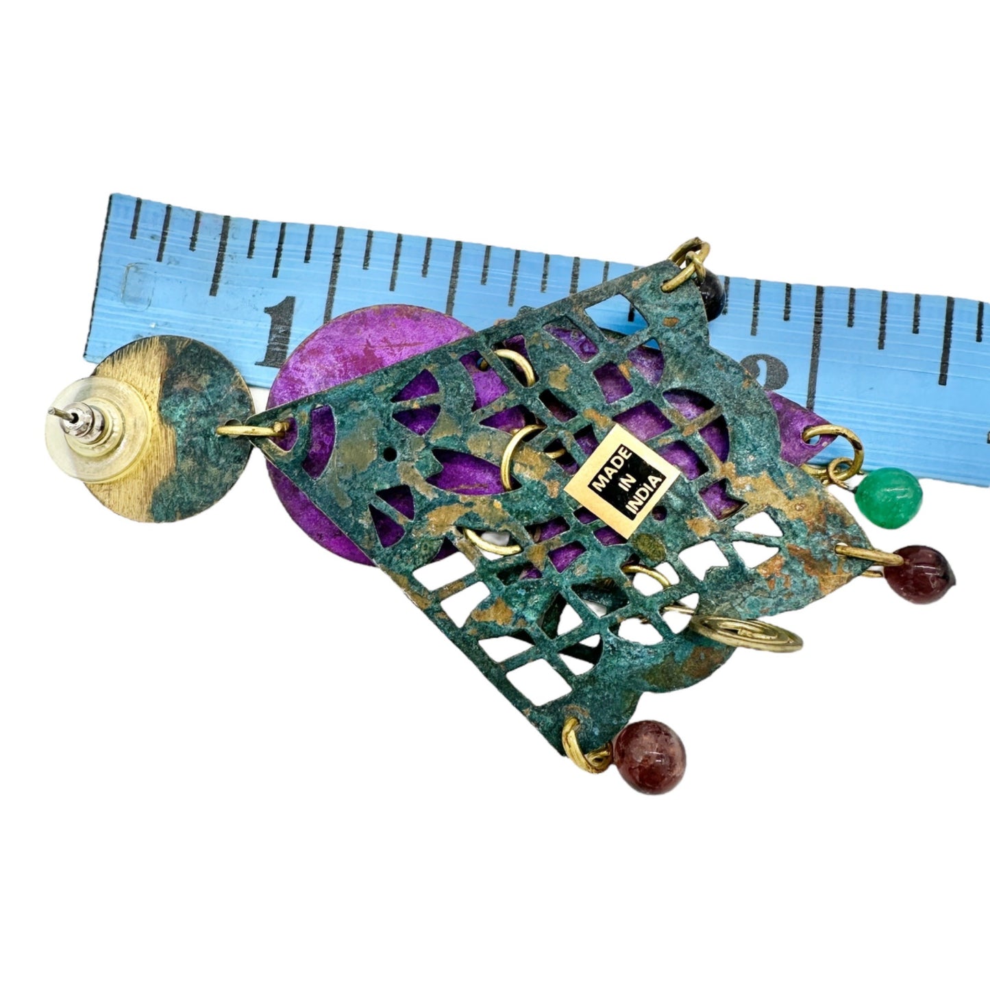 Statement Dangle Earrings Purple Green Geometric Brass Details Gemstone Accents