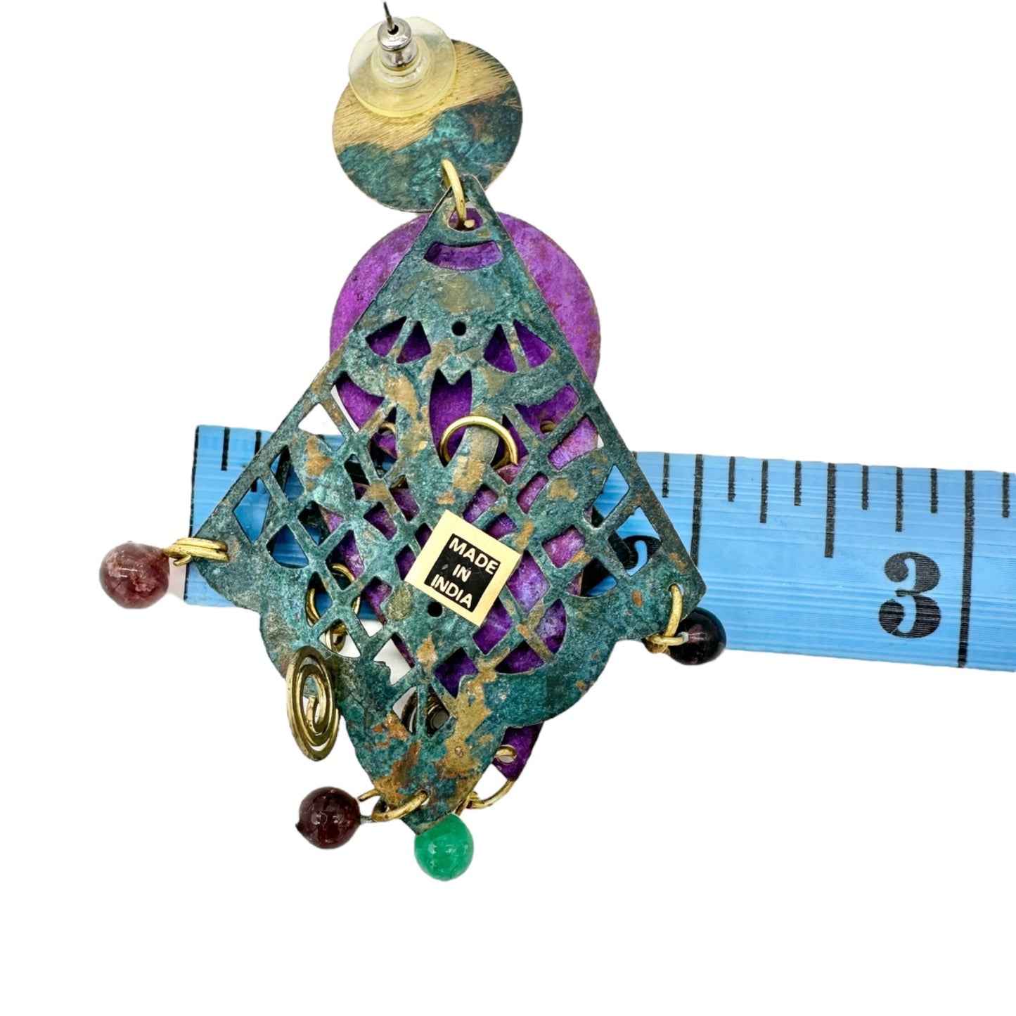 Statement Dangle Earrings Purple Green Geometric Brass Details Gemstone Accents