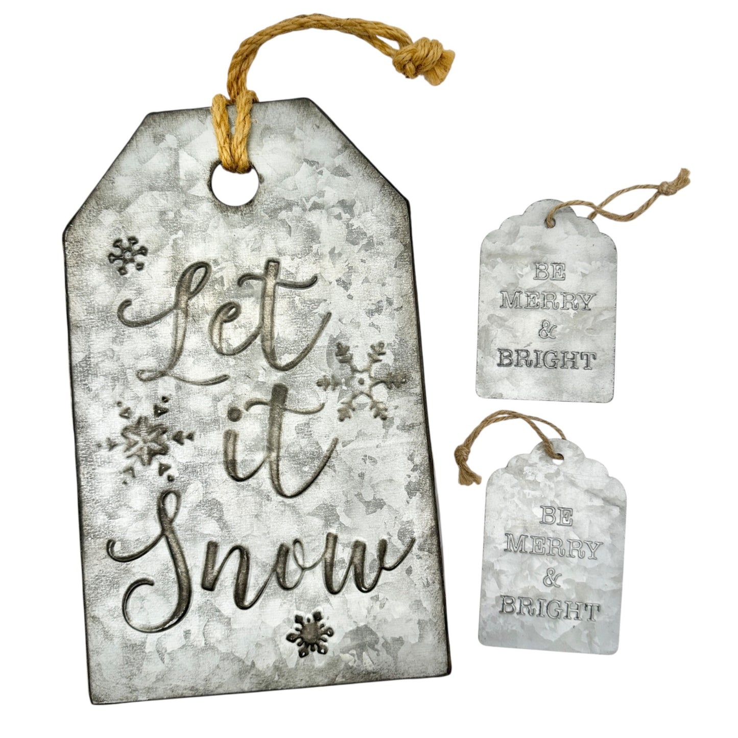 Galvanized Metal Holiday Wall Décor Set Let It Snow Be Merry Bright Twine Hanger