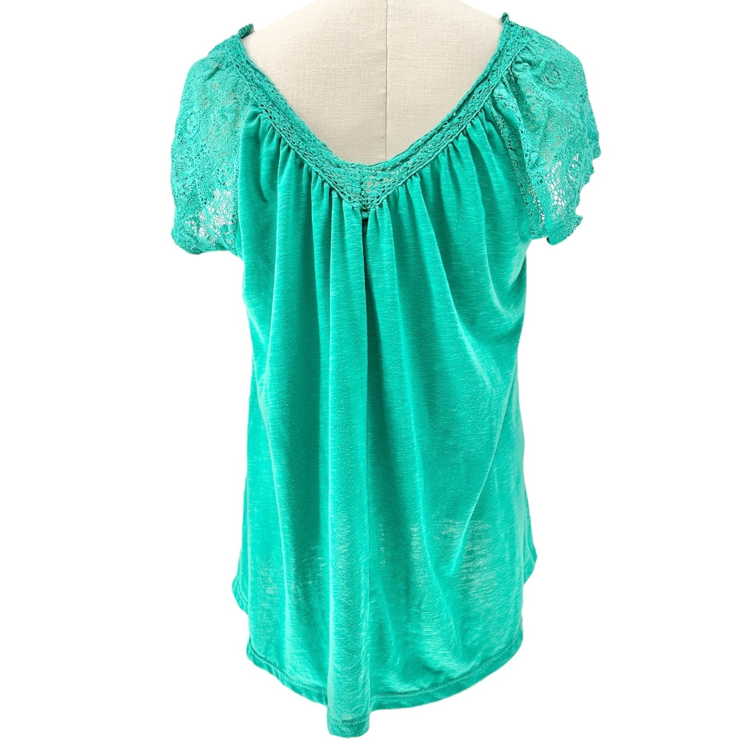 No Boundaries Blouse Juniors XL (15-17) Green Lace-Trimmed SS Poly Spandex Blend