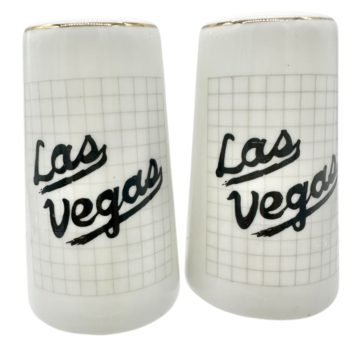 Las Vegas Souvenir Ceramic Salt and Pepper Shakers White with Gold Trim 3" Tall
